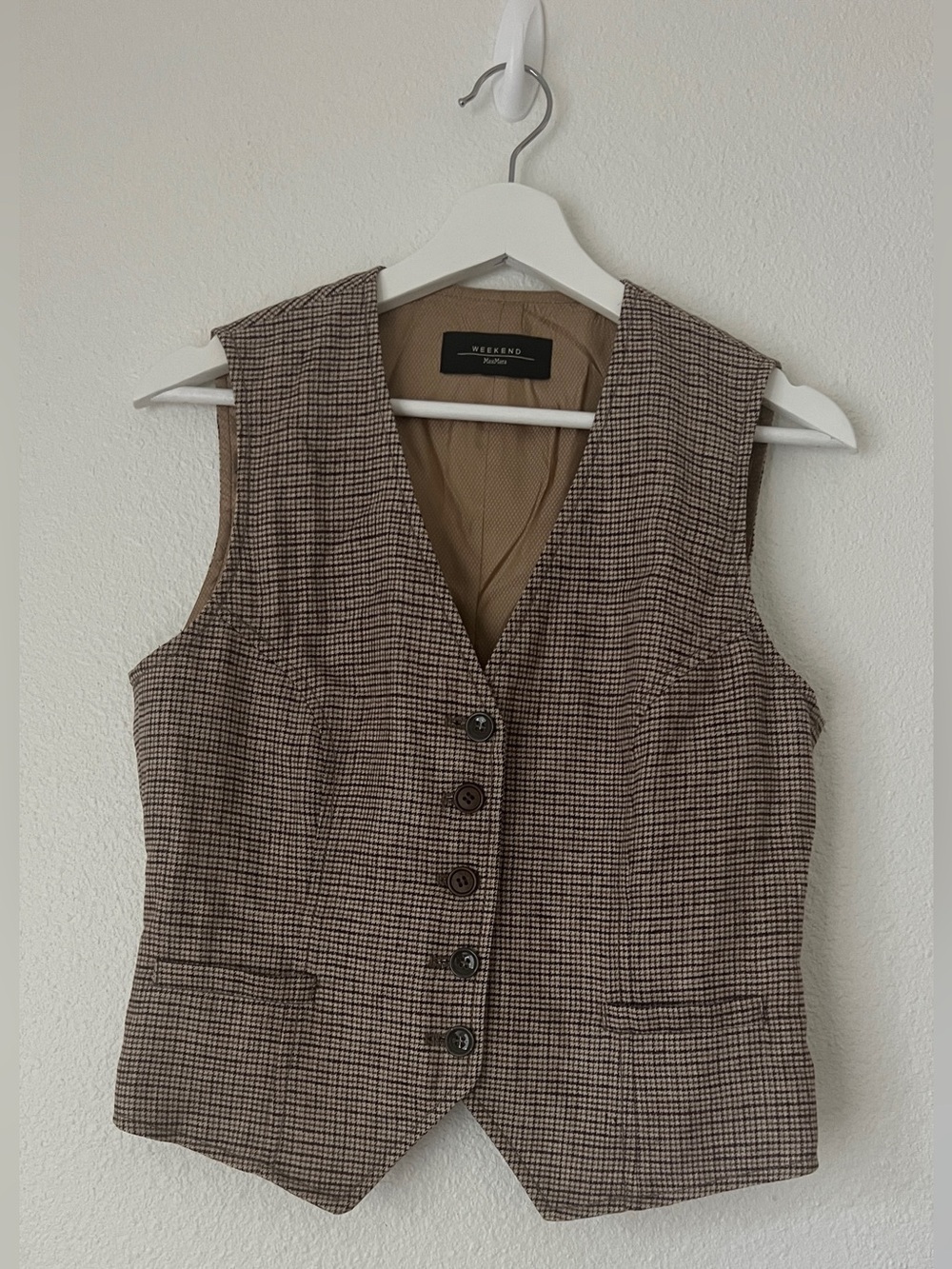 Weekend Max Mara 100% Linen Houndstooth Vest Waistcoat Brown Gilet Size 8 / 40